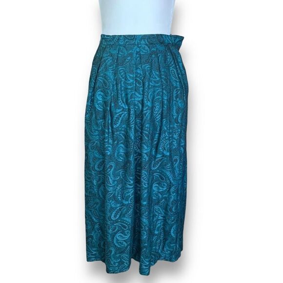 Vintage 90s Pleated Maxi Skirt Turquoise Blue Black Paisley Print Textured 6 - Picture 1 of 9